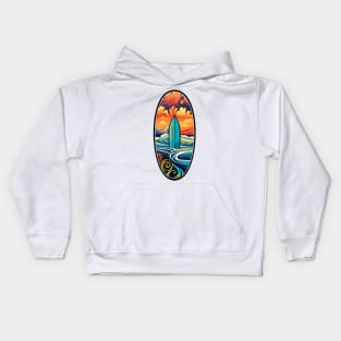 Retro Surfboard on a Vibrant Oceanic Backdrop Kids Hoodie